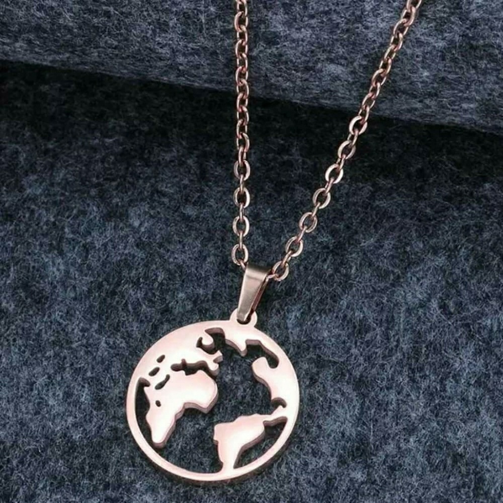 Fashion Necklace World Map Globe Rose Gold Color - Picture 2 of 3